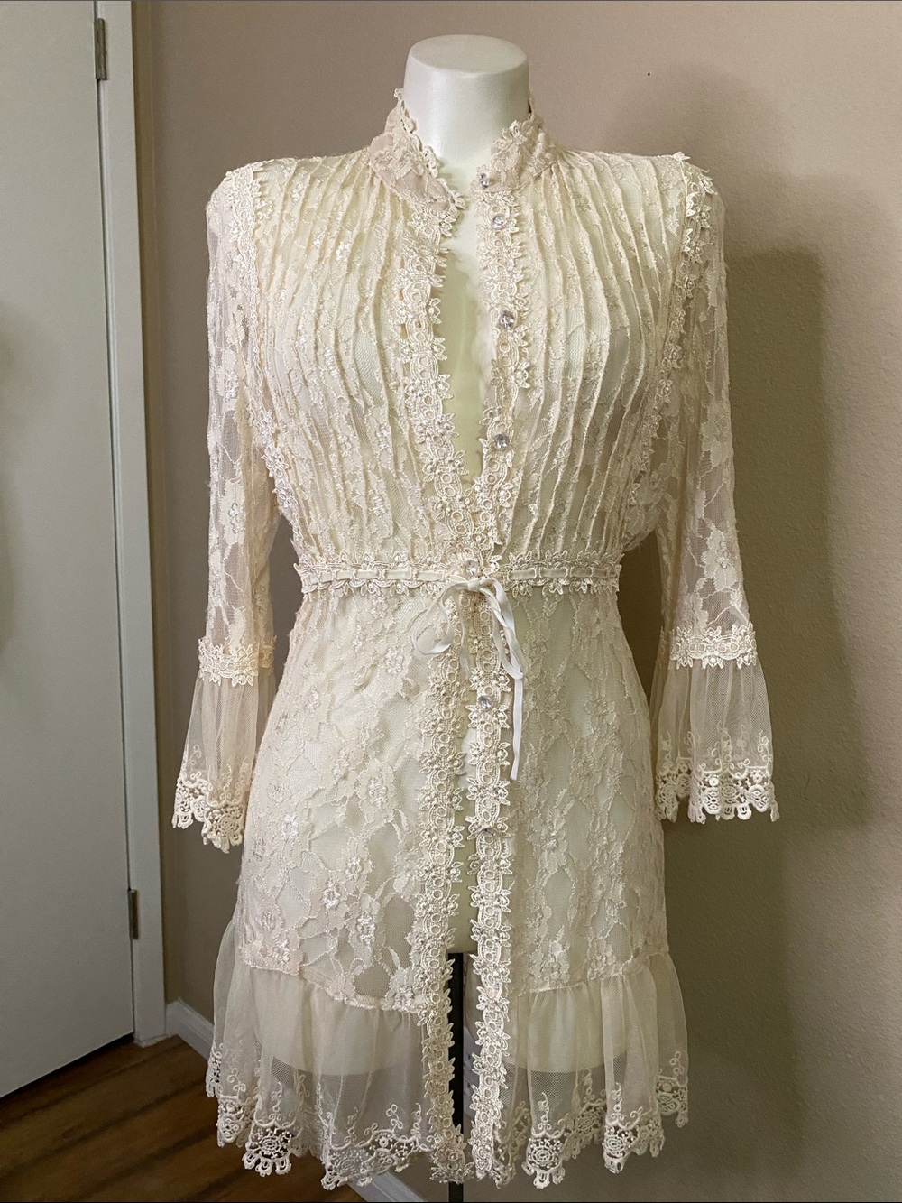 Passion Concept Cream stretch Lace Sheer button front Victorian drape top tunic